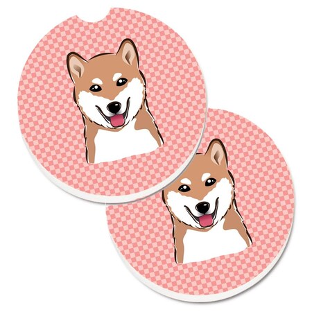 Carolines Treasures Checkerboard Pink Shiba Inu Set of 2 Cup Holder Car Coaster BB1225CARC